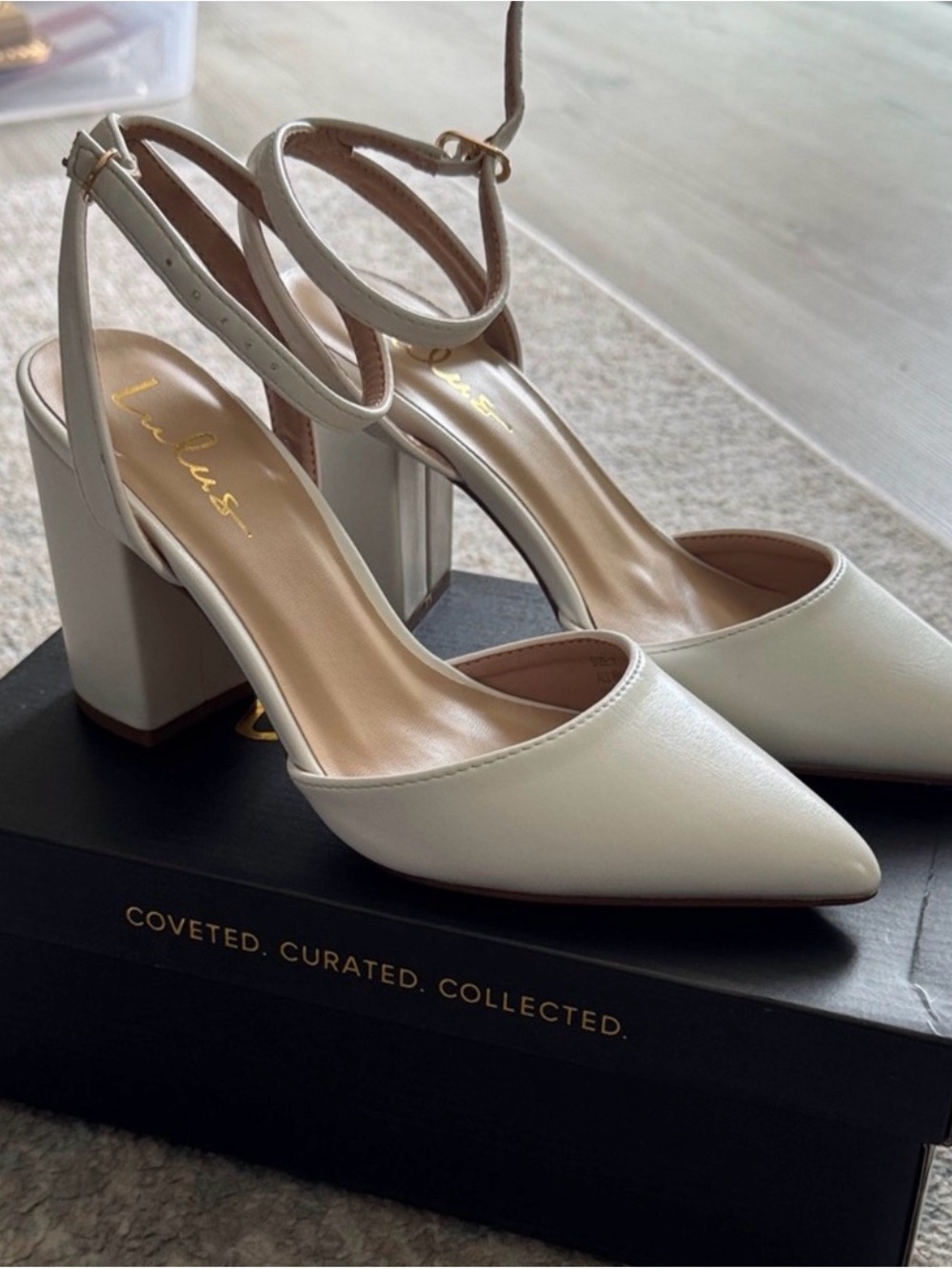 Lulu's Ivory Pointed Block Heel Ankle-Strap Pumps